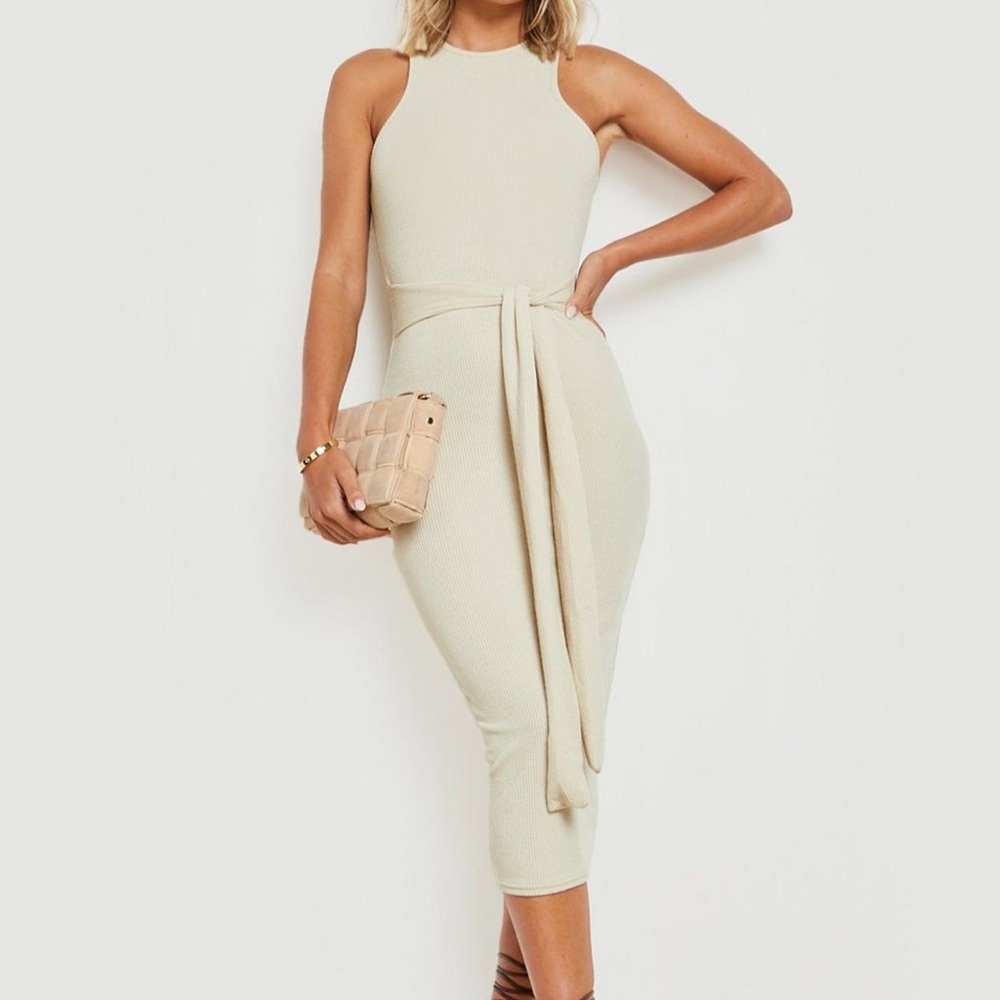 Ripple Ribbed Racer Tie Front Midi Dress